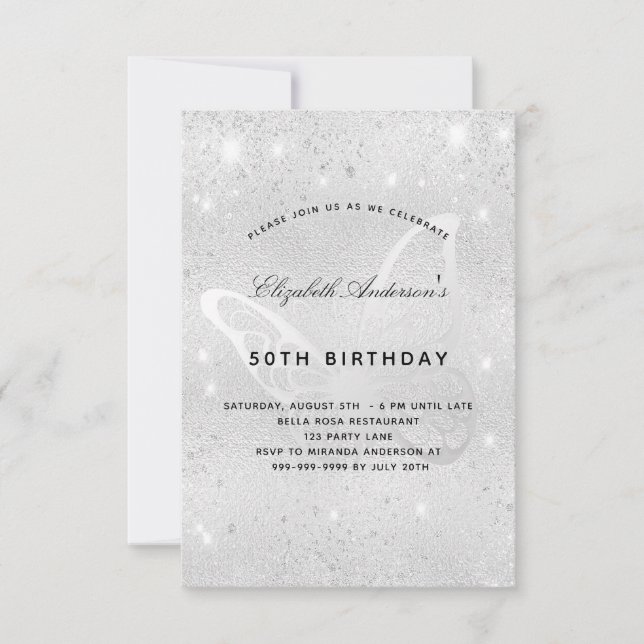 Birthday silver glitter dust butterfly elegant invitation (Front)