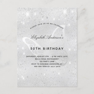 Birthday silver glitter dust butterfly elegant invitation postcard