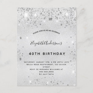 Birthday silver glitter dust metal elegant invitation postcard
