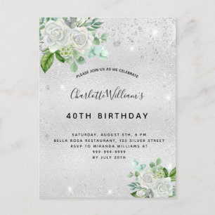 Birthday silver glitter dust metal floral greenery invitation postcard