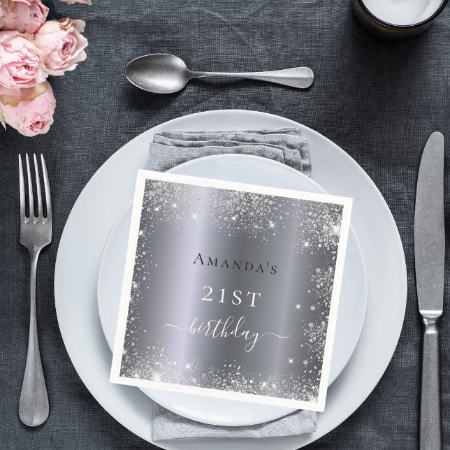 Birthday silver glitter dust monogram elegant napkin (Creator Uploaded)
