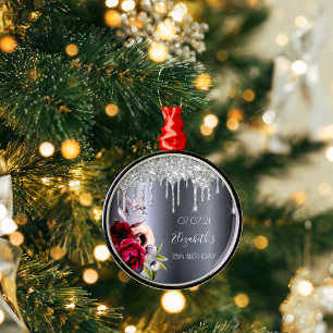 Birthday silver glitter floral burgundy milestone metal tree decoration