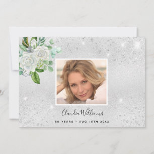 Birthday silver glitter floral photo thank you