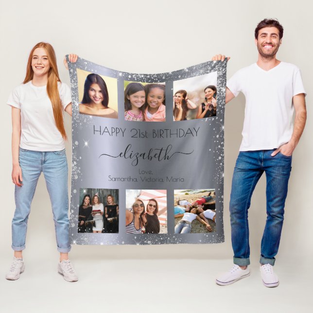 Birthday silver glitter friend photo collage fleece blanket (In Situ)
