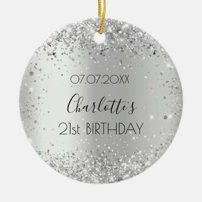 Birthday silver glitter friends names christmas ceramic tree decoration (Front)