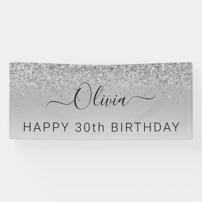 Birthday Silver Glitter Girly Modern Banner (Horizontal)