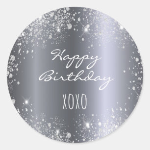 Birthday silver glitter hugs kisses classic round sticker
