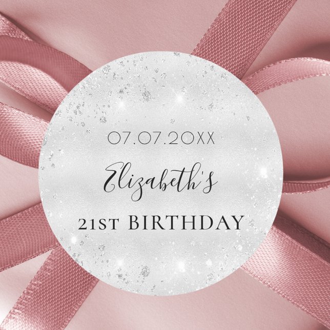 Birthday silver glitter name date classic round sticker (Creator Uploaded)