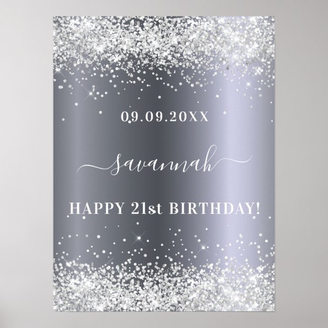 Birthday silver glitter name party welcome  poster (Front)