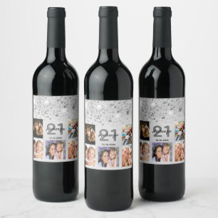 Birthday silver glitter name photo wine label