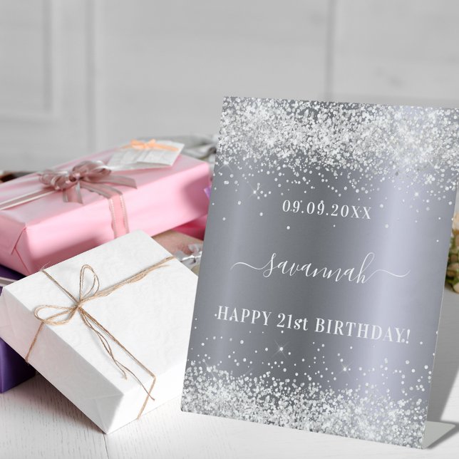 Birthday silver glitter name welcome pedestal sign (Creator Uploaded)