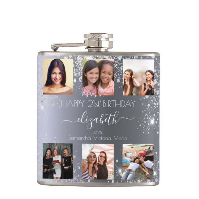Birthday silver glitter photo collage friends name hip flask (Front)