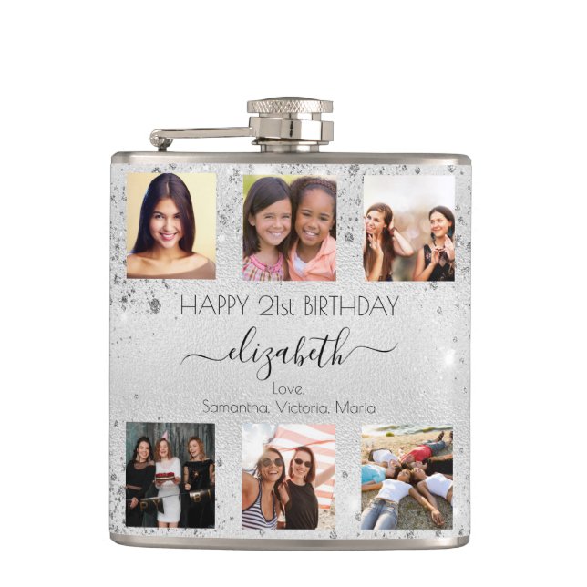 Birthday silver glitter photo collage friends name hip flask (Front)