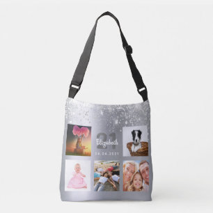 Birthday silver glitter photo collage monogram crossbody bag