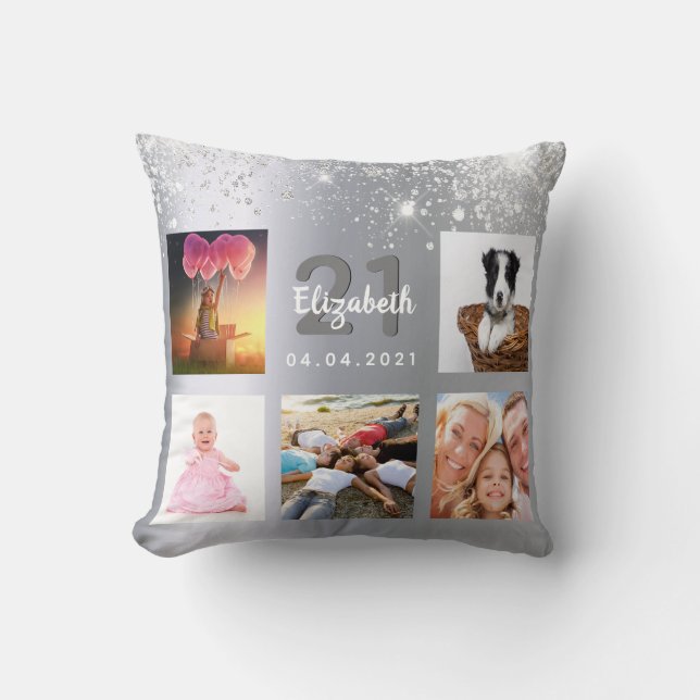 Birthday silver glitter photo collage monogram cushion (Front)