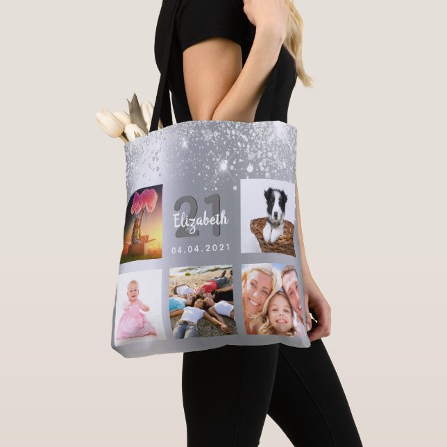 Birthday silver glitter photo collage monogram tote bag (Close Up)