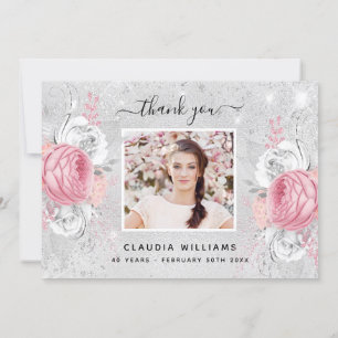Birthday silver glitter pink floral photo thank you card