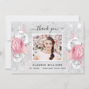 Birthday silver glitter pink floral photo thank you card