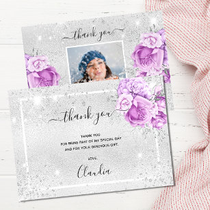 Birthday silver glitter purple floral photo thank you card