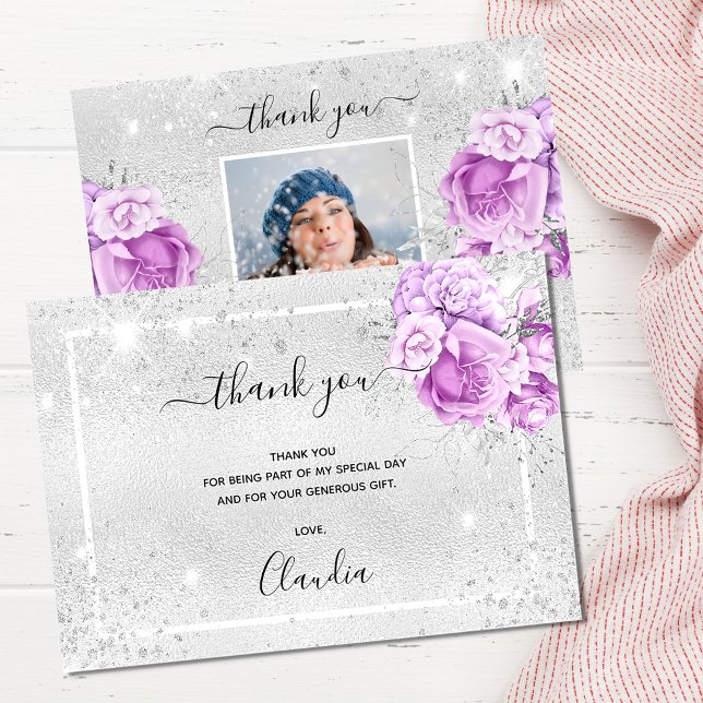 Birthday silver glitter purple floral photo thank you card (Creator Uploaded)