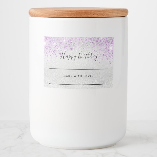 Birthday silver glitter purple homemade food label (Front)