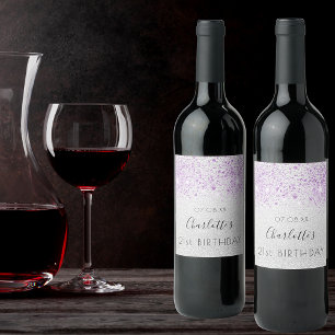 Birthday silver glitter purple metal monogram wine label