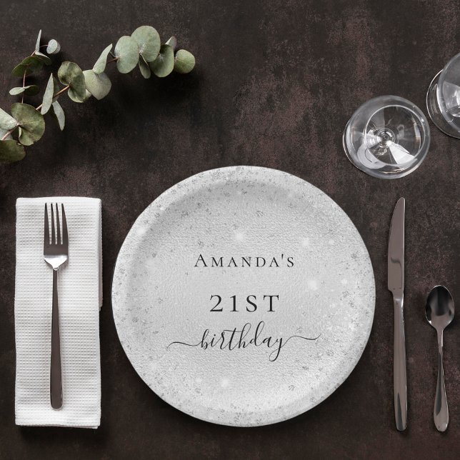 Birthday silver glitter sparkles name elegant paper plate (Creator Uploaded)