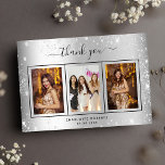 Birthday silver glitter sparkles photo glam thank you card<br><div class="desc">Add 3 of Your birthday photos, vertical size, a date, name, and the thank you note. A faux silver metallic looking background with black text and frame, faux glitter sparkles. The text: Thank you on the front and your name on the back are written with a stylish hand lettered script...</div>