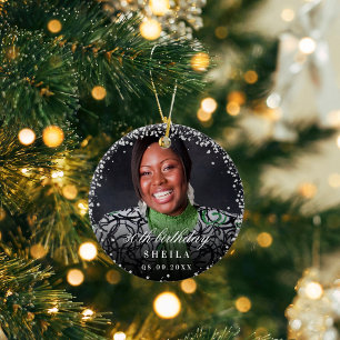 Birthday silver glitter sparkles photo name ceramic tree decoration