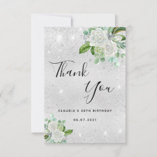 Birthday silver glitter white florals thank you card