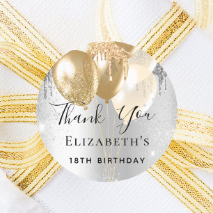 Birthday silver gold glitter balloons thank you classic round sticker