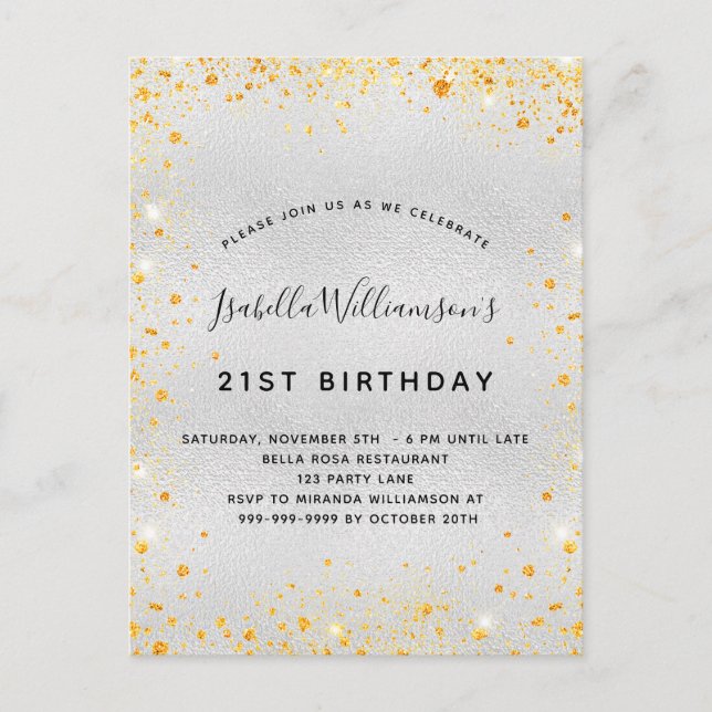 Birthday silver gold glitter dust sparkle invitation postcard (Front)