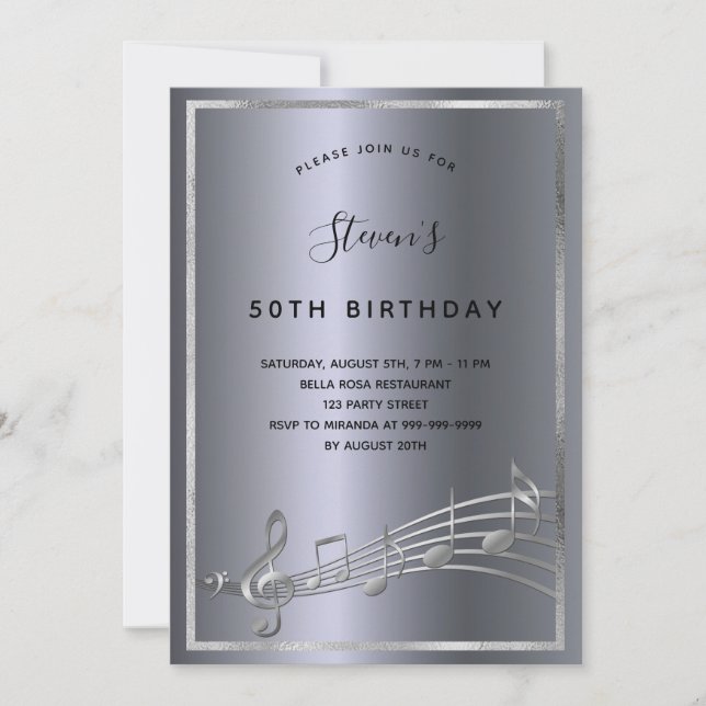 Birthday silver gold music notes party invitation (Front)