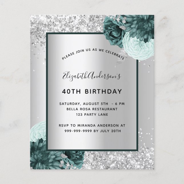 Birthday silver green floral budget invitation flyer (Front)