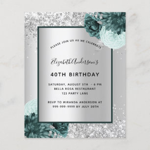 Birthday silver green floral budget invitation flyer