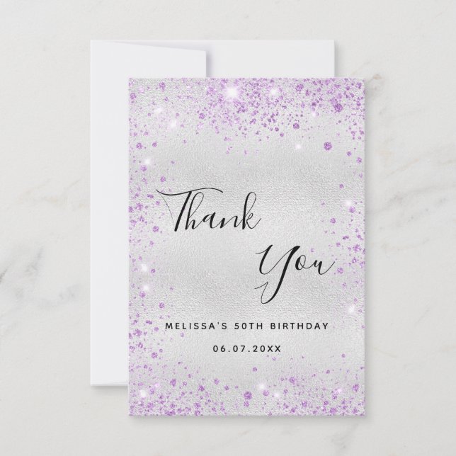 Birthday silver lavender glitter elegant thank you card (Front)