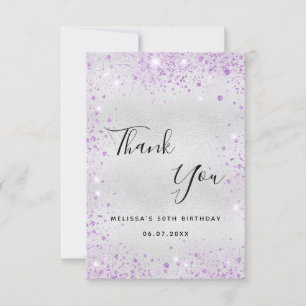Birthday silver lavender glitter elegant thank you card