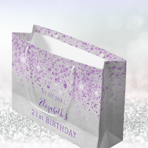 Birthday silver lavender glitter name large gift bag