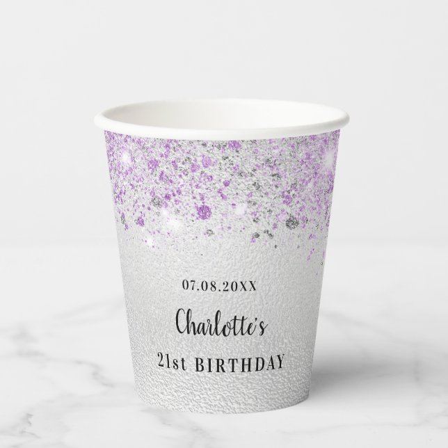 Birthday silver lavender glitter paper cups (Front)