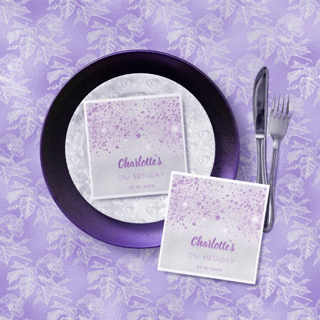 Birthday silver metal purple glitter monogram napkin (Creator Uploaded)