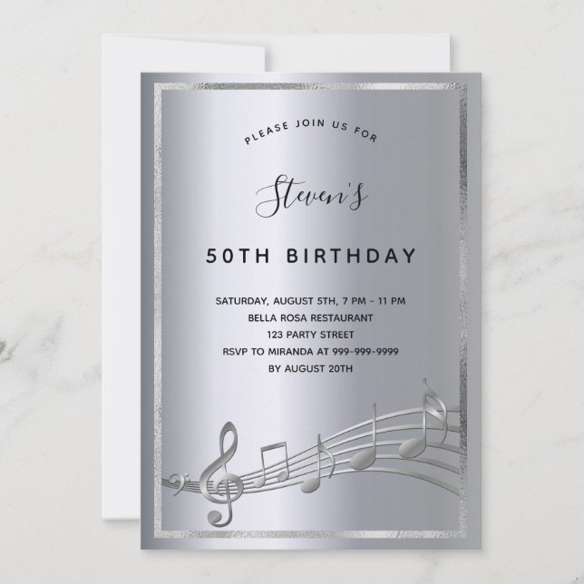 Birthday silver music notes invitation (Front)