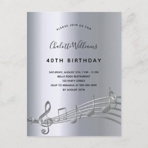 Birthday silver music notes metal 50th invitation