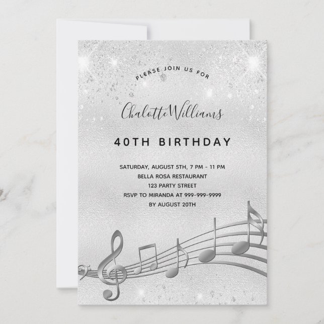 Birthday silver music notes metal glitter 40th invitation (Front)