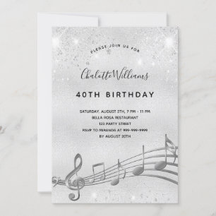 Birthday silver music notes metal glitter 40th invitation