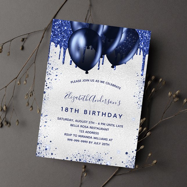 Birthday silver navy blue drips balloons luxury invitation (Creator Uploaded)
