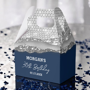 Birthday Silver Navy Blue Glitter Name Thank You Favour Box