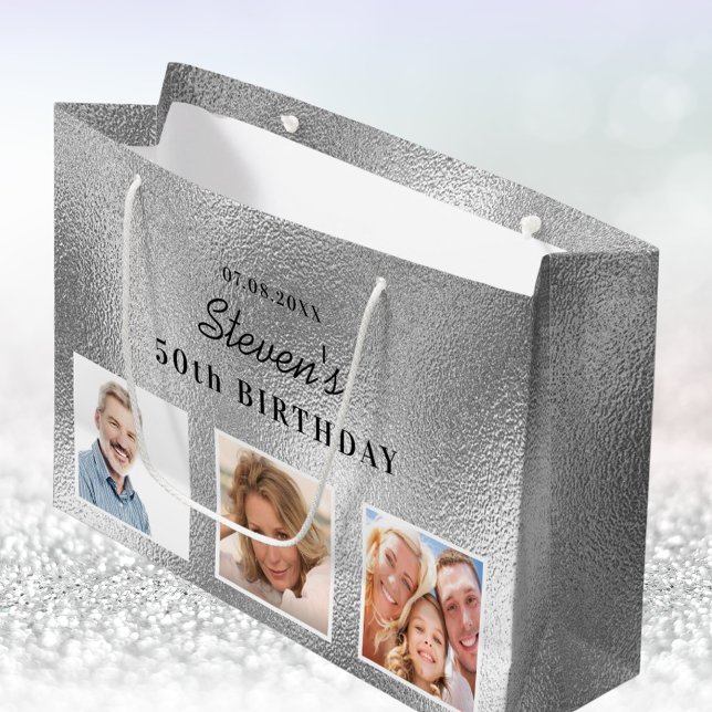 Birthday silver photo collage name  large gift bag (Creator Uploaded)