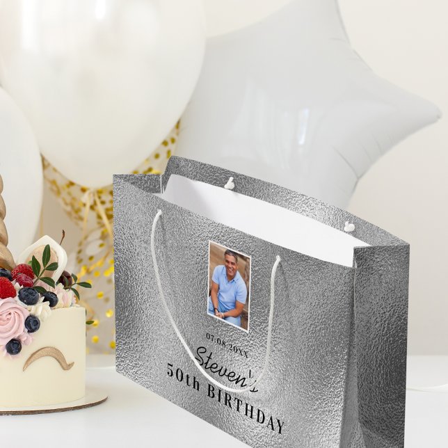 Birthday silver photo name guy man large gift bag (Creator Uploaded)