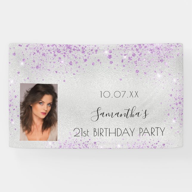 Birthday silver photo purple glitter monogram banner (Horizontal)