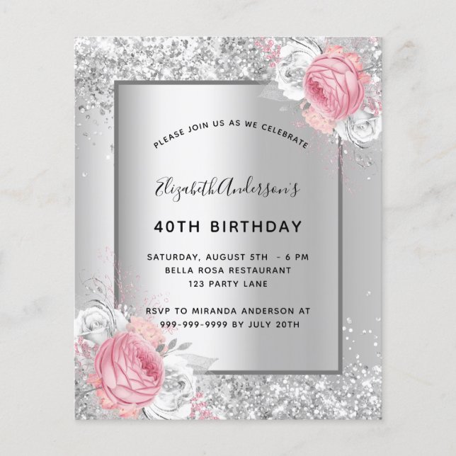 Birthday silver pink floral budget invitation flyer (Front)